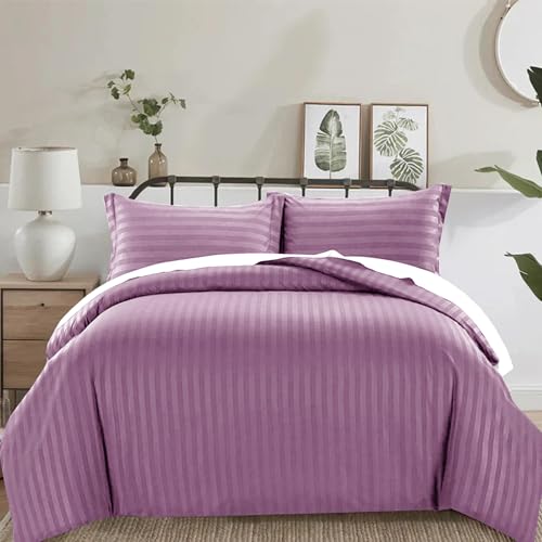 3 Piece Duvet Cover Set Satin Stripes Quilt Cover Bedding Sets with Pillowcases Hotel Quality Ultra Soft Hypoallergenic Machine Washable