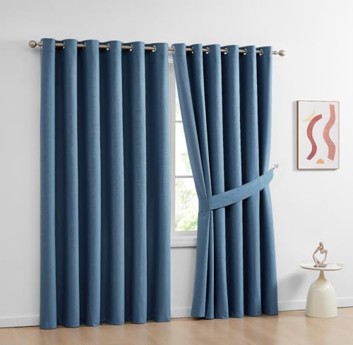 Blackout Curtains for Bedroom Soft Thermal Insulated Heavy Curtains Eyelet Ring Top Readymade Blackout Living Room Curtains Pair Panels with Tiebacks