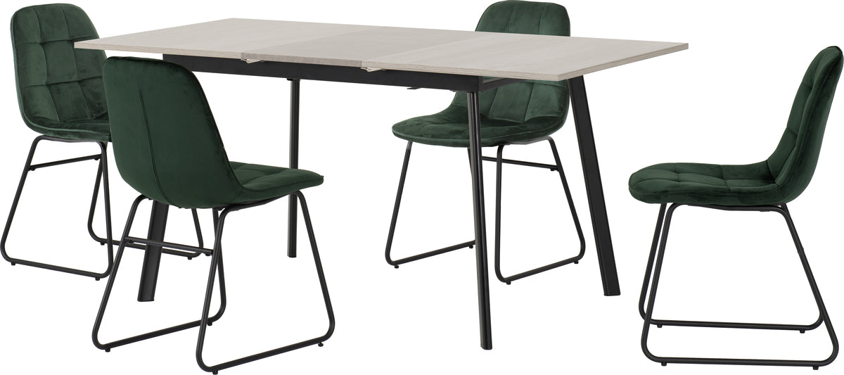 Avery Extending Dining Set with Lukas Chairs Concrete/Grey Oak Effect/Black/Emerald Green Velvet