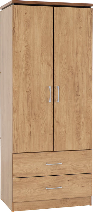 Charles 2 Door 2 Drawer Wardrobe Oak Effect Veneer with Walnut Trim
