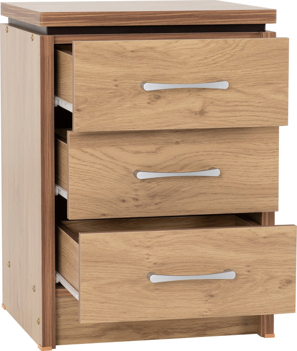 Charles 3 Drawer Bedside Chest Oak Effect Veneer with Walnut Trim