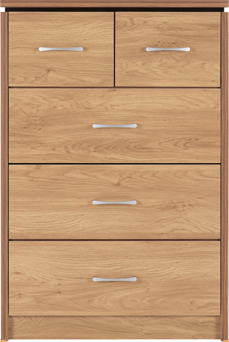 Charles 3+2 Drawer Chest Oak Effect Veneer with Walnut Trim