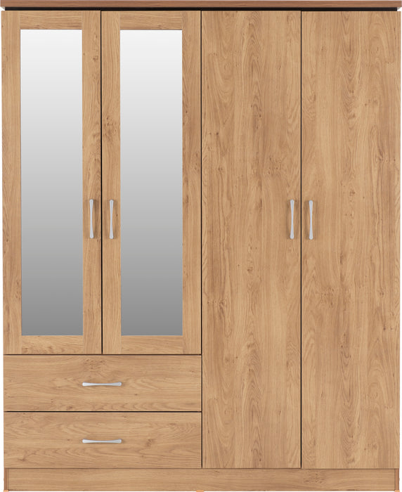 Charles 4 Door 2 Drawer Mirrored Wardrobe Oak Effect Veneer with Walnut Trim