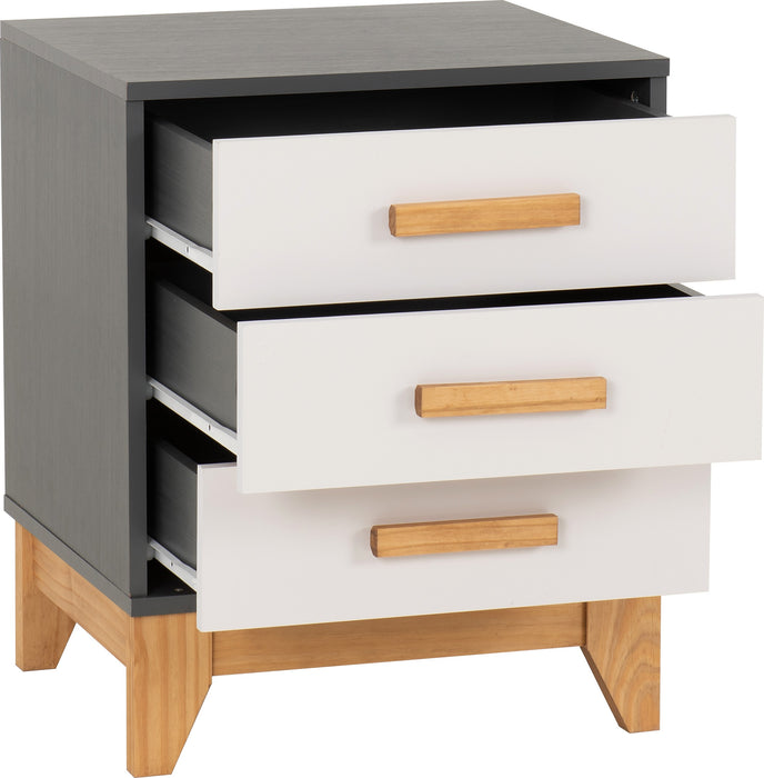 Cleveland 3 Drawer Bedside White/Grey Metal Effect