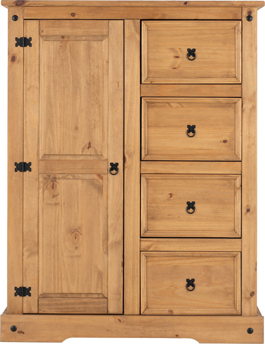 Corona 1 Door 4 Drawer Low Wardrobe Distressed Waxed Pine