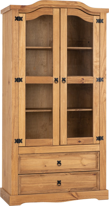 Corona 2 Door 2 Drawer Glass Display Unit Distressed Waxed Pine/Clear Glass