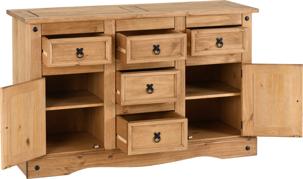 Corona 2 Door 5 Drawer Sideboard Distressed Waxed Pine
