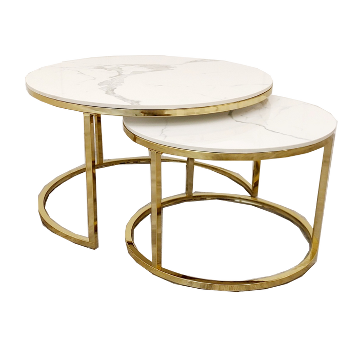 Cato Nest Of 2 Short Round Coffee Gold Tables With Polar White Sintered Stone Tops