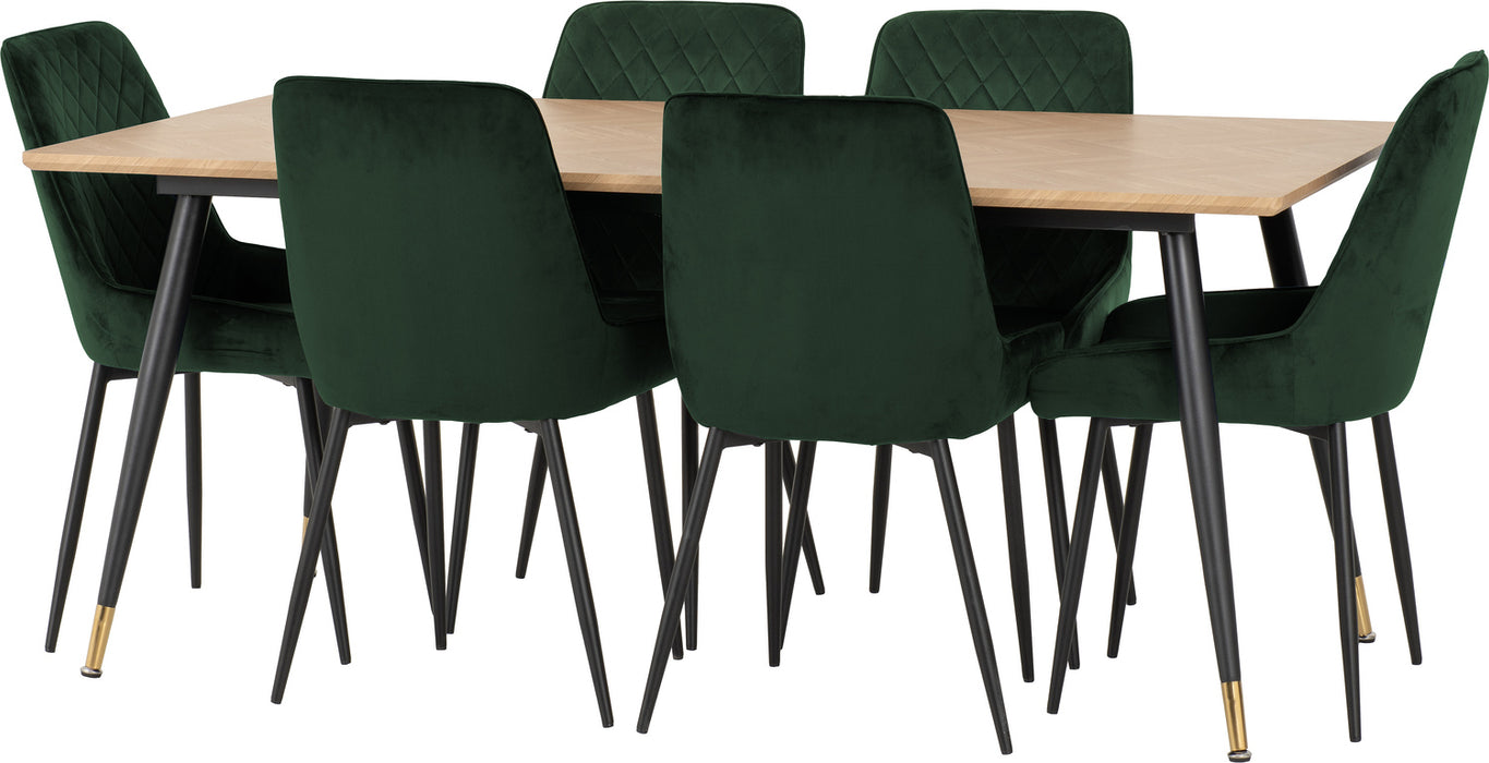 Hamilton Large Dining Set with Avery Chairs Medium Oak Effect/Black/Emerald Green Velvet