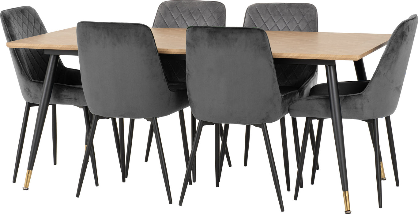 Hamilton Large Dining Set with Avery Chairs Medium Oak Effect/Black/Grey Velvet