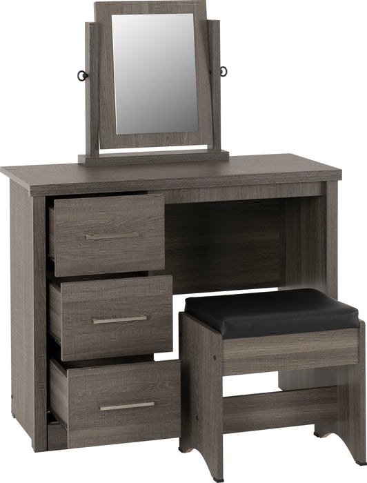 Lisbon 3 Piece Dressing Table Set with Mirror Black Wood Grain/Black Faux Leather