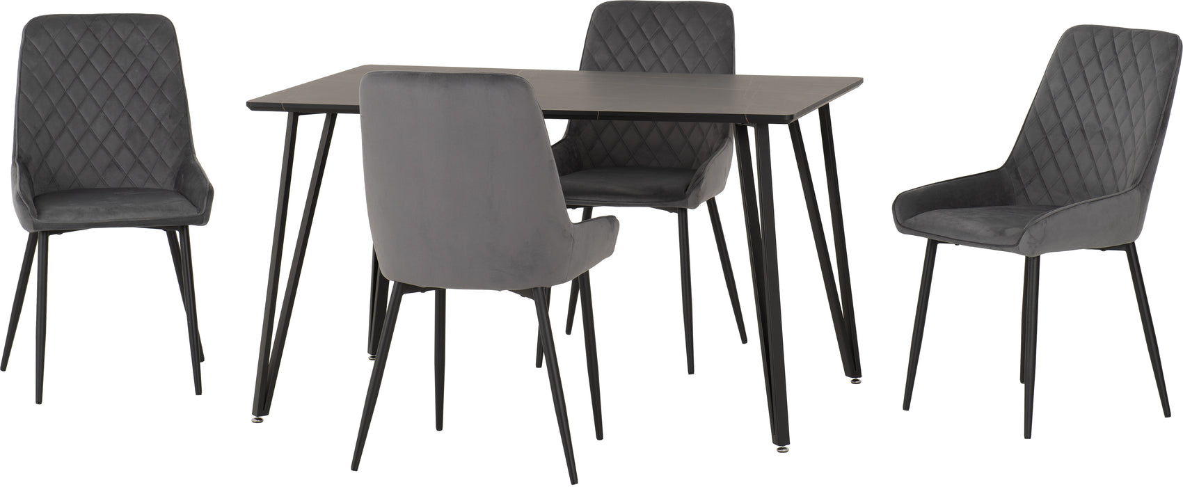 Marlow Dining Set with Avery Chairs Black Marble Effect/Black/Grey Velvet