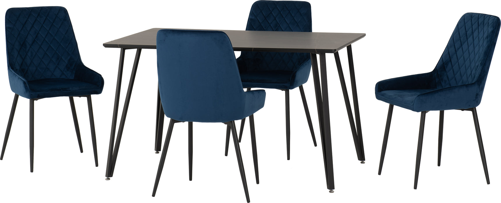 Marlow Dining Set with Avery Chairs Black Marble Effect/Black/Sapphire Blue Velvet