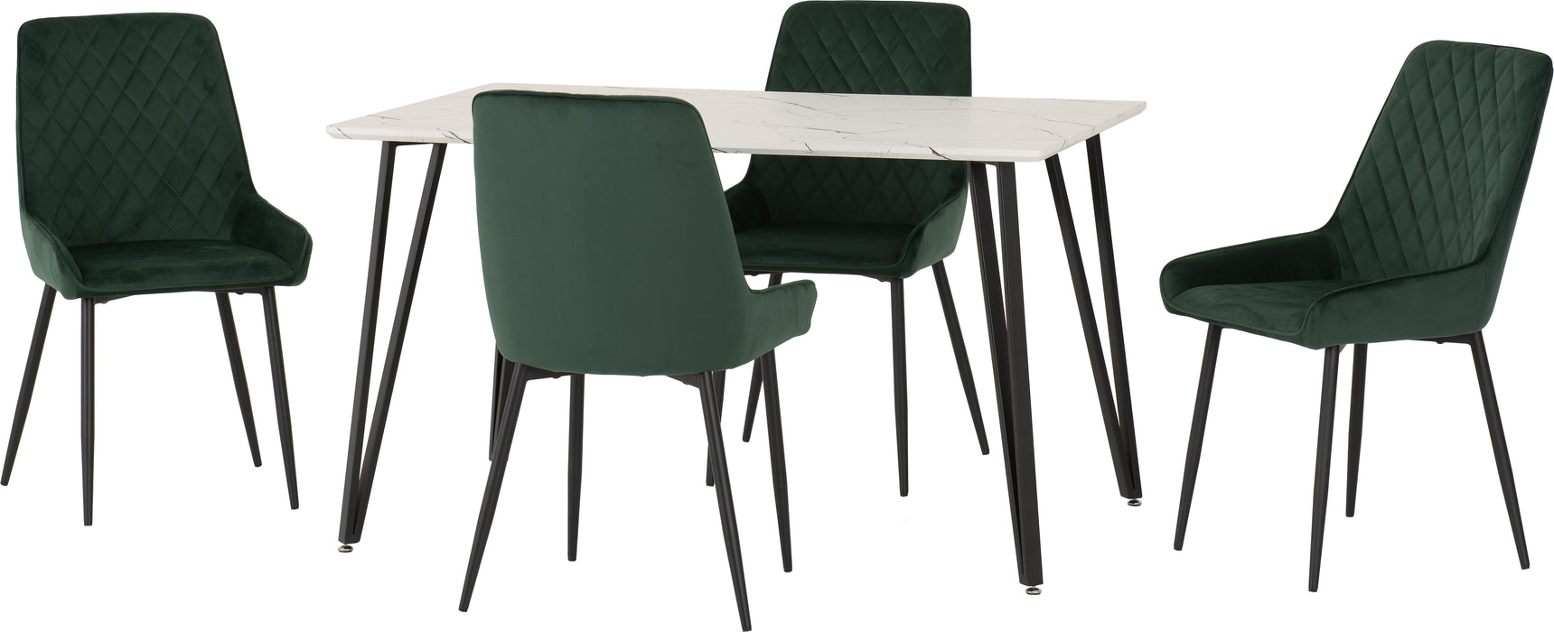 Marlow Dining Set with Avery Chairs White Marble Effect/Black/Emerald Green Velvet