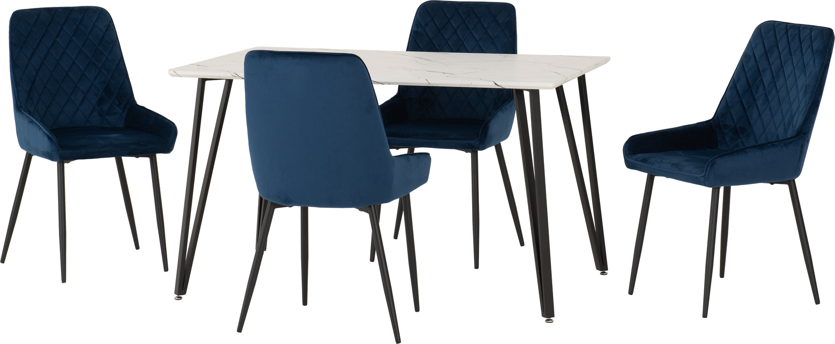 Marlow Dining Set with Avery Chairs White Marble Effect/Black/Sapphire Blue Velvet