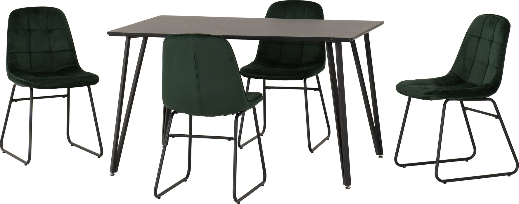 Marlow Dining Set with Lukas Chairs Black Marble Effect/Black/Emerald Green Velvet