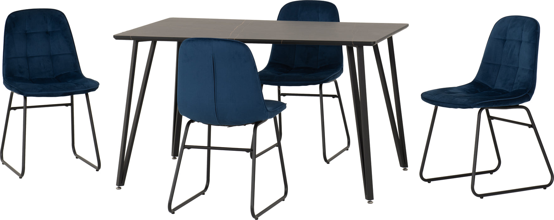 Marlow Dining Set with Lukas Chairs Black Marble Effect/Black/Sapphire Blue Velvet