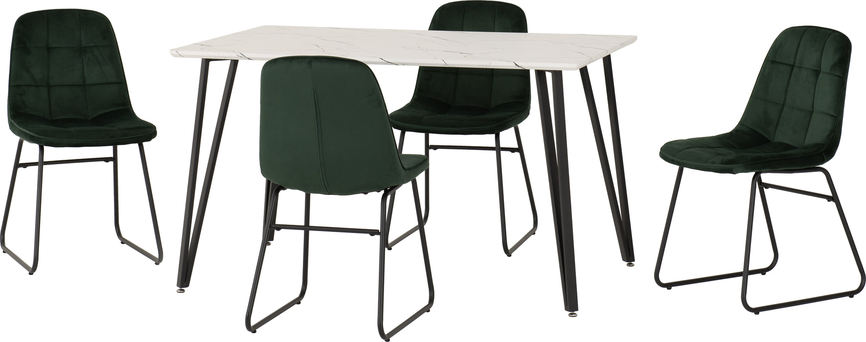 Marlow Dining Set with Lukas Chairs White Marble Effect/Black/Emerald Green Velvet