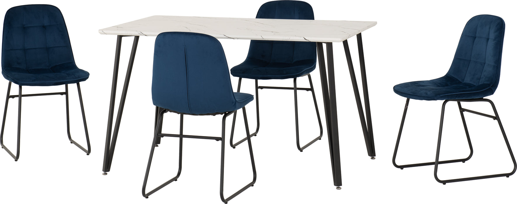 Marlow Dining Set with Lukas Chairs White Marble Effect/Black/Sapphire Blue Velvet