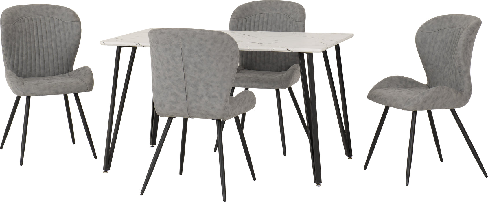 Marlow Dining Set with Quebec Chairs White Marble Effect/Black/Grey Faux Leather