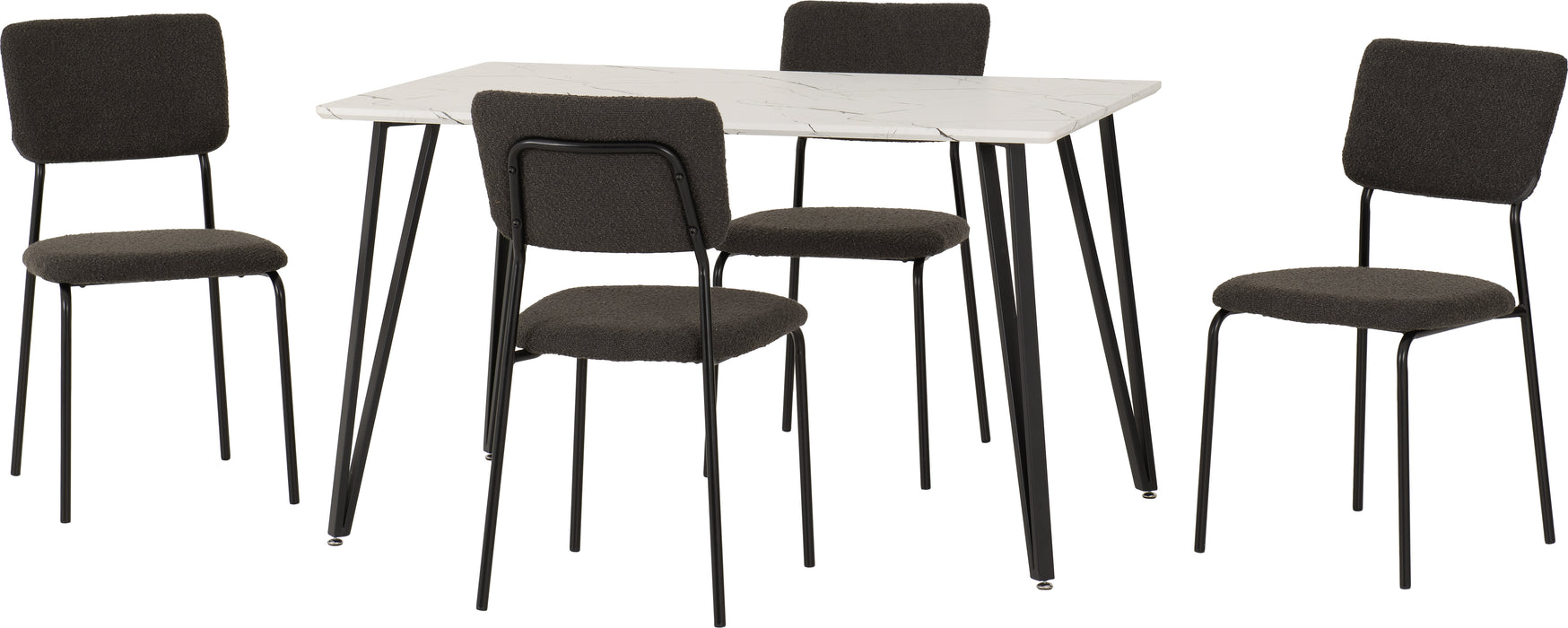 Marlow Dining Set with Sheldon Chairs White Marble Effect/Black/Grey Boucle Fabric