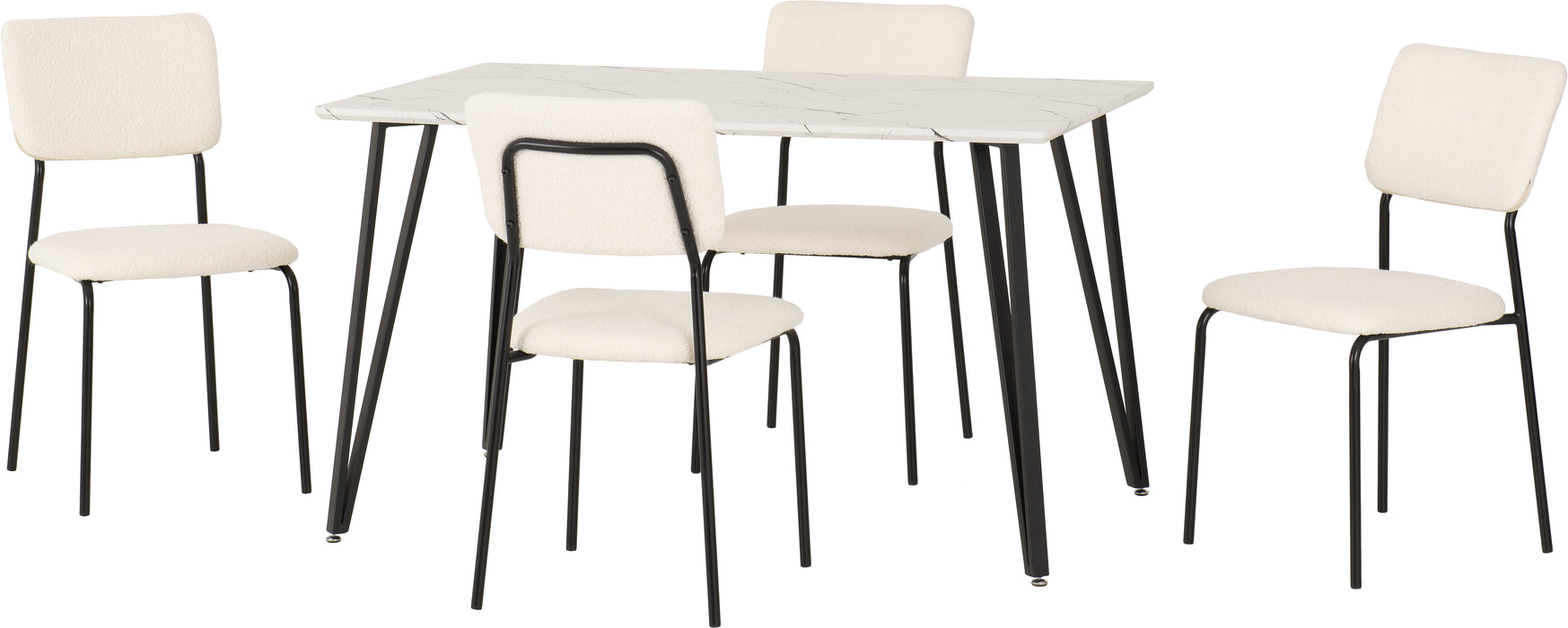 Marlow Dining Set with Sheldon Chairs White Marble Effect/Black/Ivory Boucle Fabric