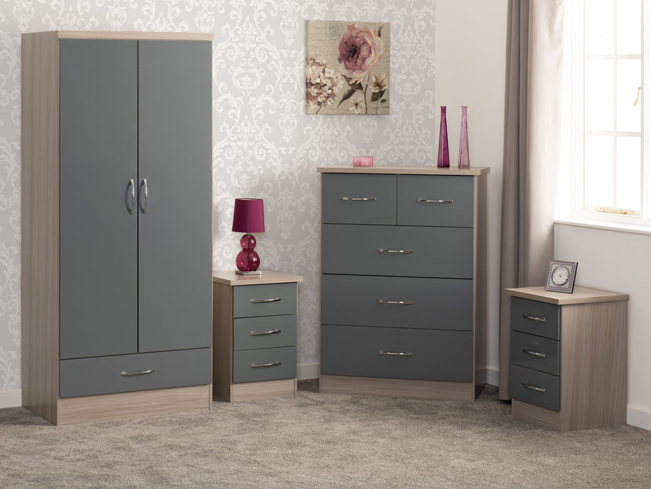 Nevada 2 Door 1 Drawer Wardrobe Bedroom Set Grey Gloss/Light Oak Effect Veneer