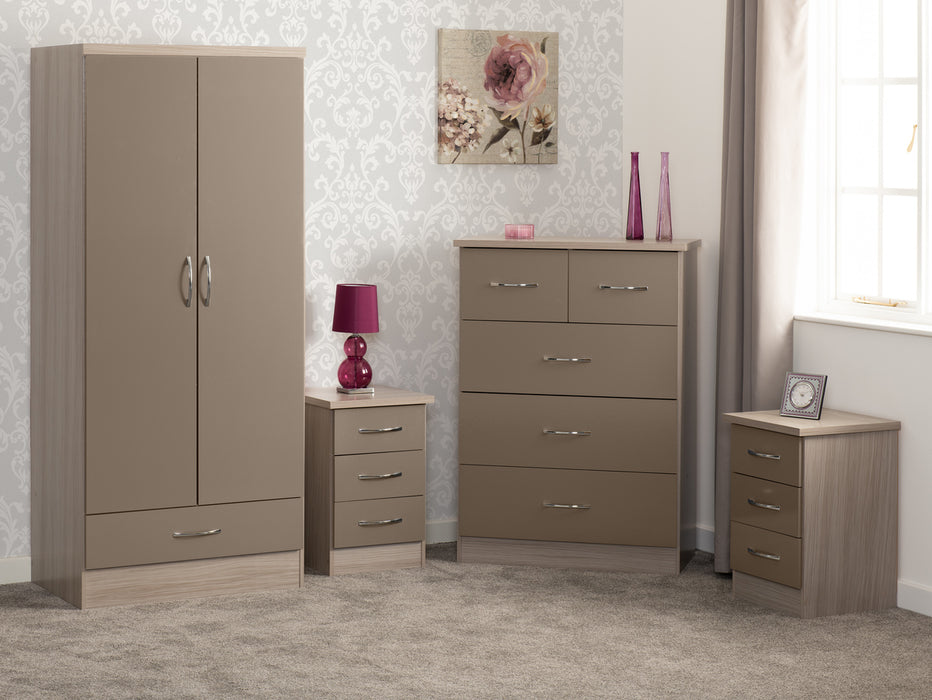 Nevada 2 Door 1 Drawer Wardrobe Bedroom Set Oyster Gloss/Light Oak Effect Veneer