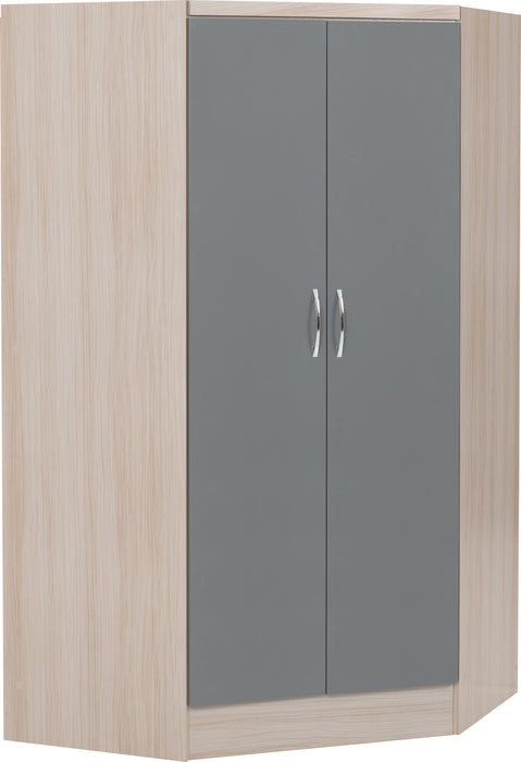 Nevada 2 Door Corner Wardrobe Grey Gloss/Light Oak Effect Veneer