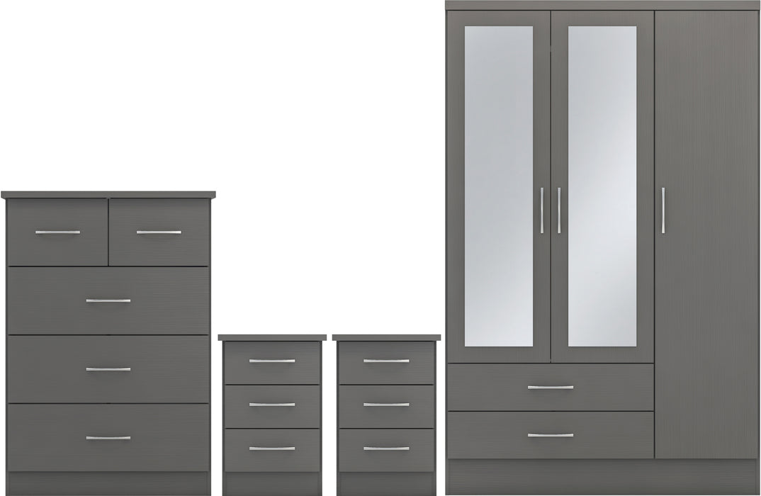 Nevada 3 Door 2 Drawer Mirrored Wardrobe Bedroom Set 3D Effect Grey