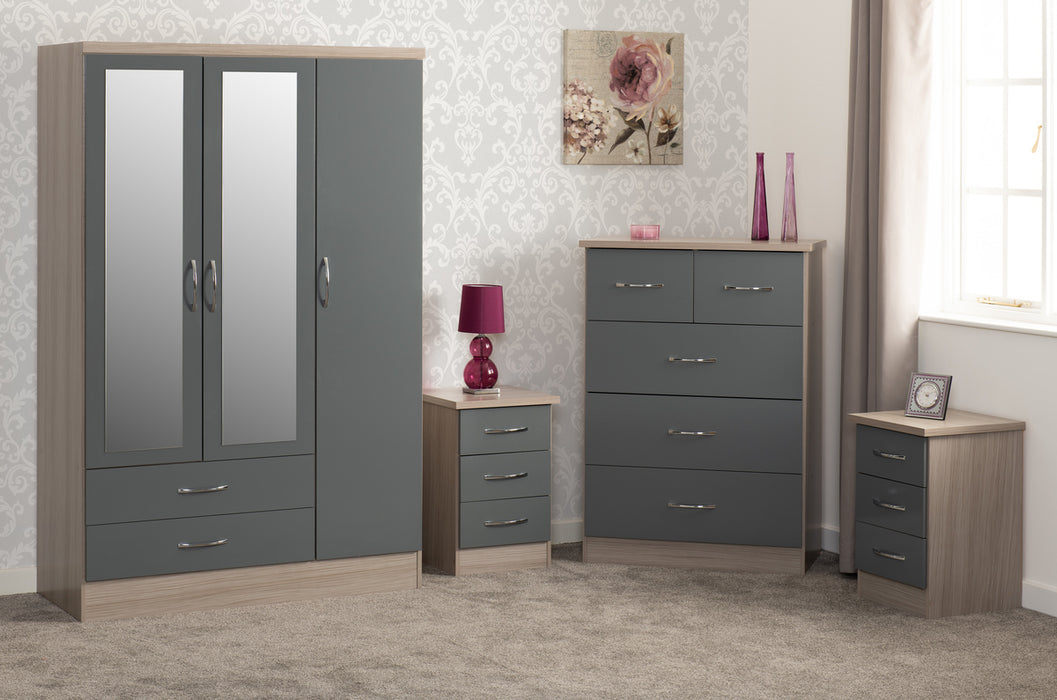 Nevada 3 Door 2 Drawer Mirrored Wardrobe Bedroom Set Grey Gloss/Light Oak Effect Veneer