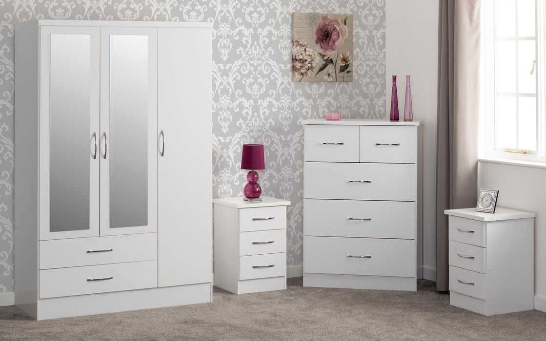 Nevada 3 Door 2 Drawer Mirrored Wardrobe Bedroom Set White Gloss