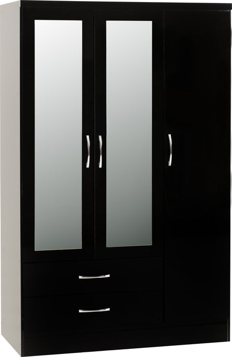 Nevada 3 Door 2 Drawer Mirrored Wardrobe Bedroom Set Black Gloss