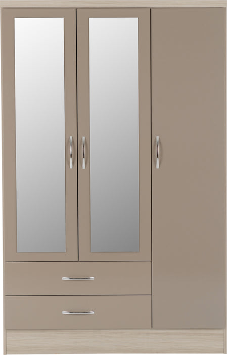 Nevada 3 Door 2 Drawer Mirrored Wardrobe Oyster Gloss/Light Oak Effect Veneer