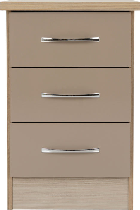 Nevada 3 Drawer Bedside Chest Oyster Gloss/Light Oak Effect Veneer