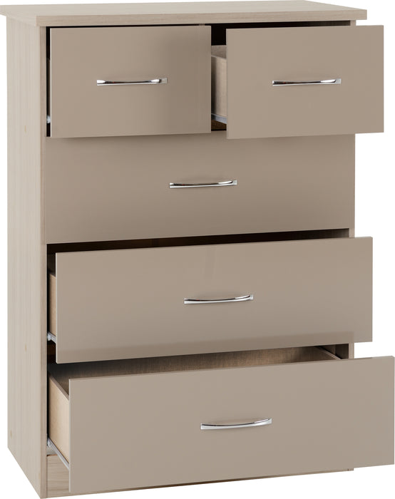 Nevada 3+2 Drawer Chest Oyster Gloss/Light Oak Effect Veneer