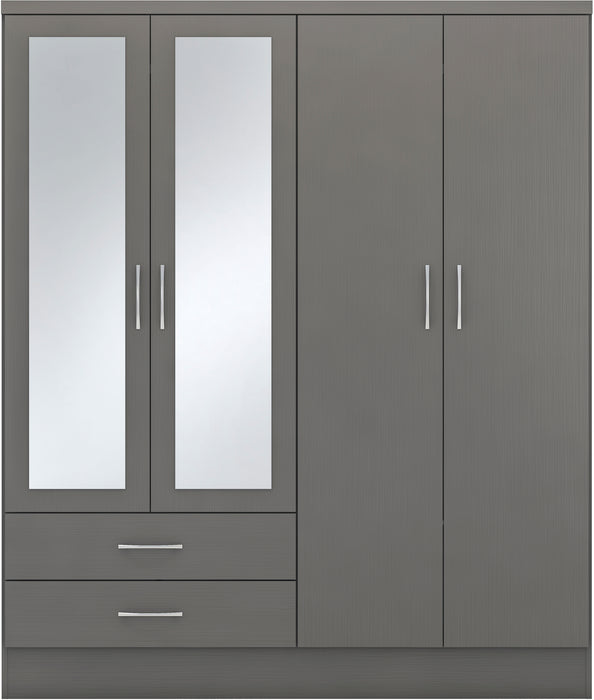 Nevada 4 Door 2 Drawer Mirrored Wardrobe 3D Effect Grey