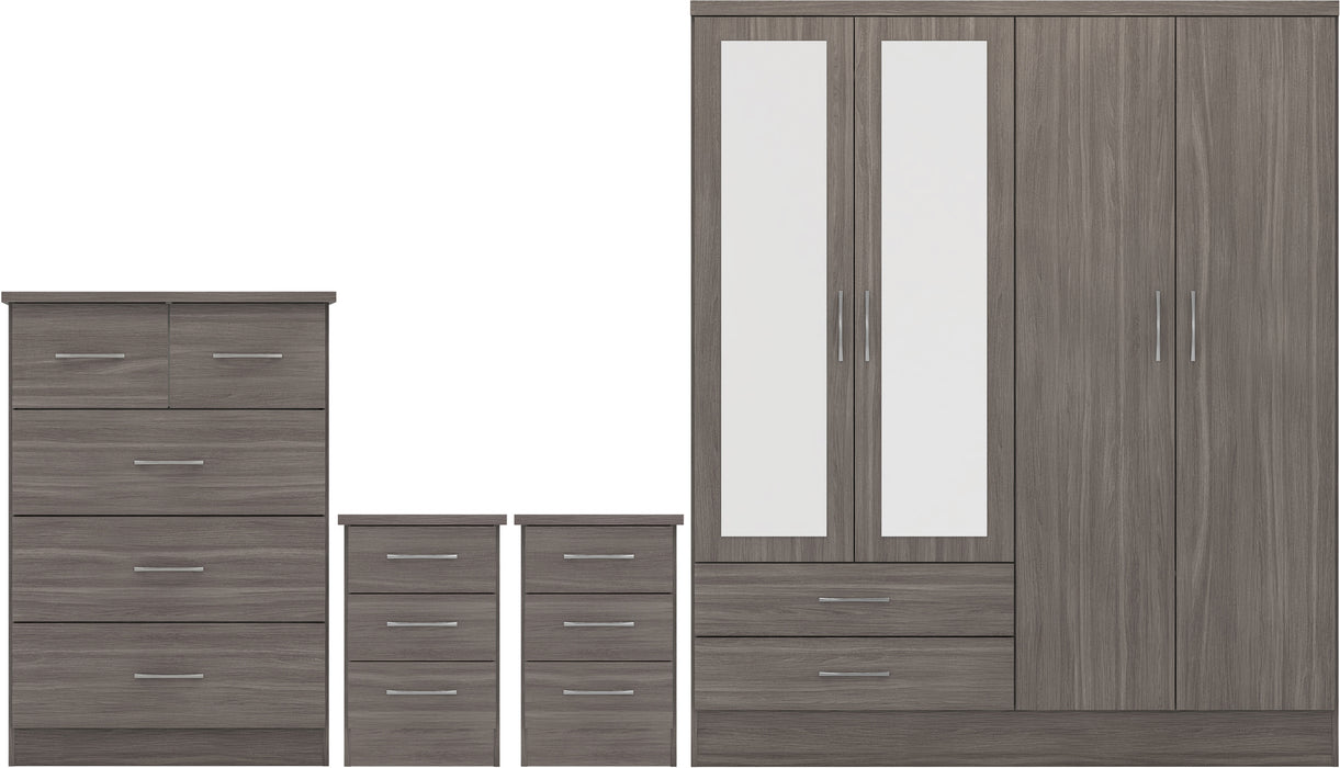 Nevada 4 Door 2 Drawer Mirrored Wardrobe Bedroom Set Black Wood Grain
