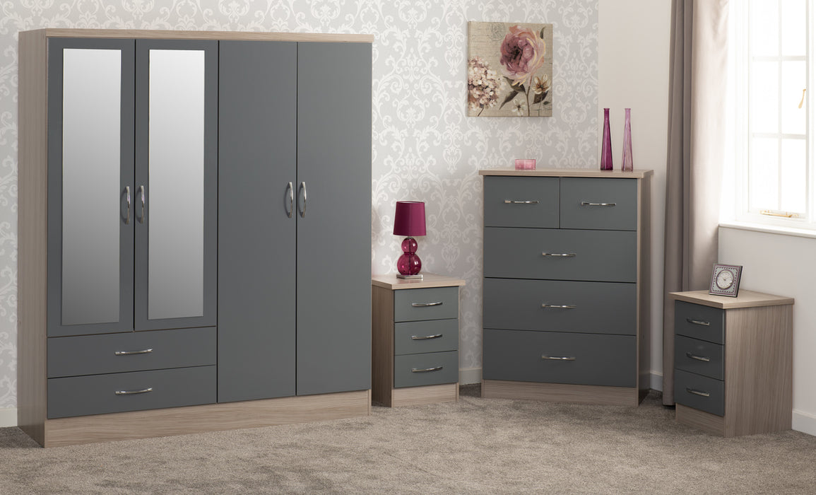 Nevada 4 Door 2 Drawer Mirrored Wardrobe Bedroom Set Grey Gloss/Light Oak Effect Veneer