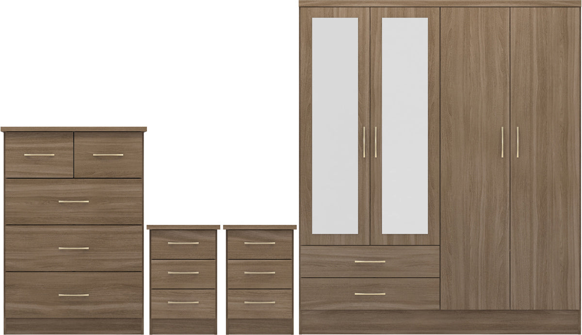Nevada 4 Door 2 Drawer Mirrored Wardrobe Bedroom Set Rustic Oak Effect