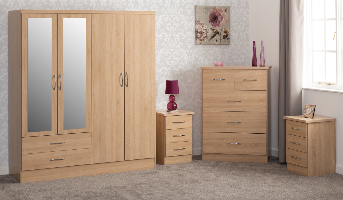 Nevada 4 Door 2 Drawer Mirrored Wardrobe Bedroom Set Sonoma Oak Effect