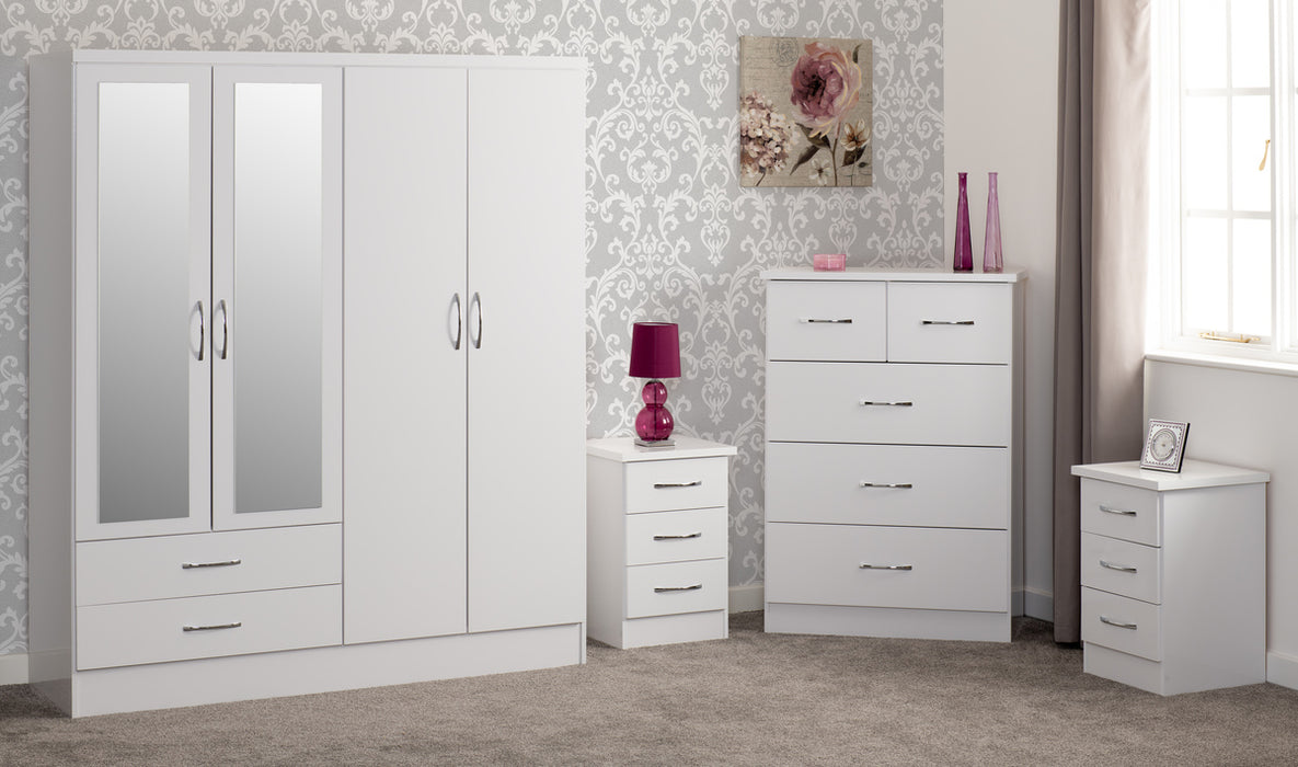 Nevada 4 Door 2 Drawer Mirrored Wardrobe Bedroom Set White Gloss