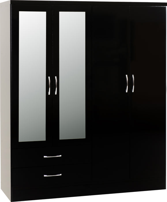 Nevada 4 Door 2 Drawer Mirrored Wardrobe Bedroom Set Black Gloss
