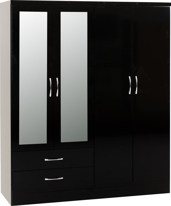 Nevada 4 Door 2 Drawer Mirrored Wardrobe Black Gloss