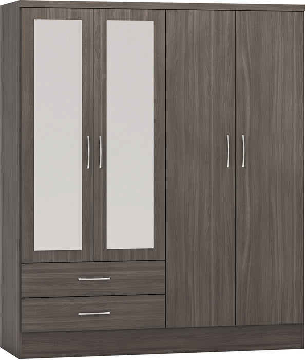 Nevada 4 Door 2 Drawer Mirrored Wardrobe Black Wood Grain