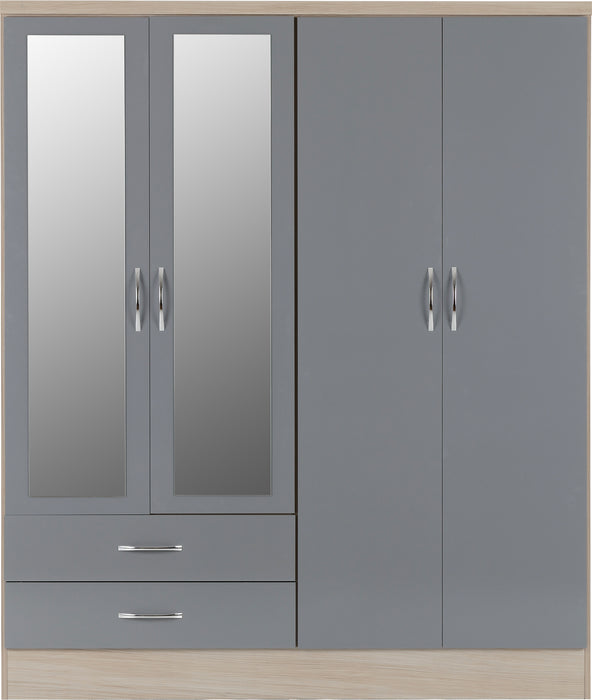 Nevada 4 Door 2 Drawer Mirrored Wardrobe Grey Gloss/Light Oak Effect Veneer