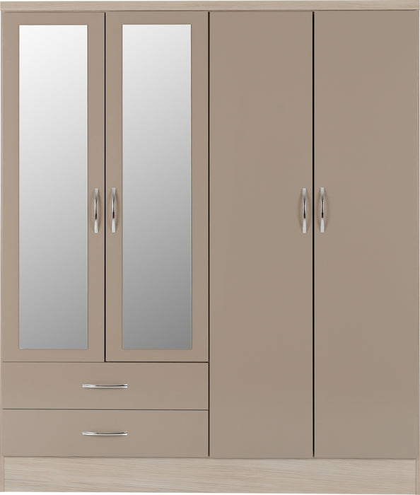 Nevada 4 Door 2 Drawer Mirrored Wardrobe Oyster Gloss/Light Oak Effect Veneer