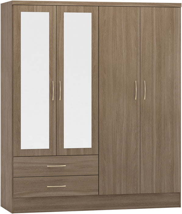 Nevada 4 Door 2 Drawer Mirrored Wardrobe Rustic Oak Effect