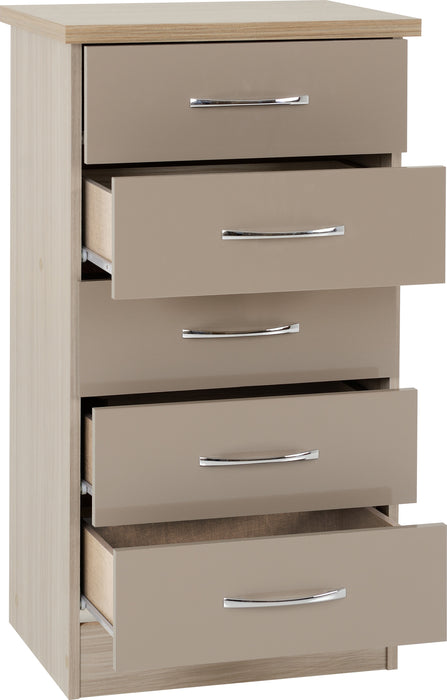 Nevada 5 Drawer Narrow Chest Oyster Gloss/Light Oak Effect Veneer