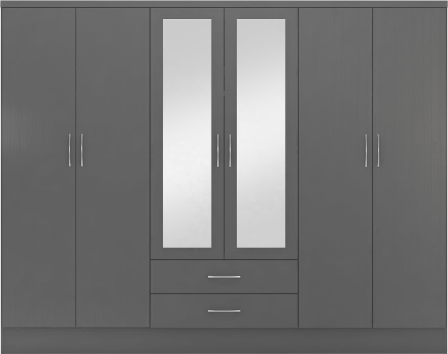 Nevada 6 Door 2 Drawer Mirrored Wardrobe 3D Effect Grey